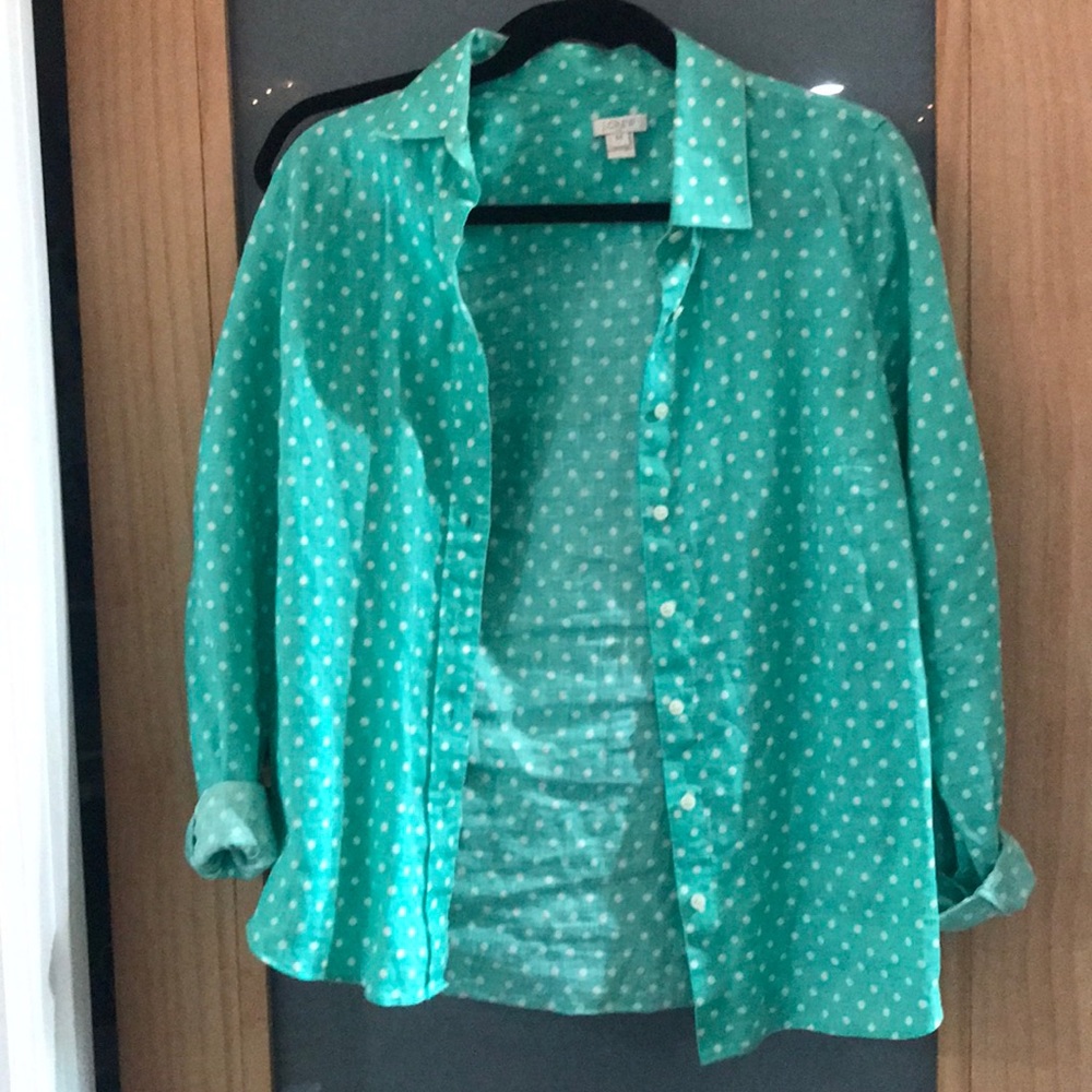 J crew, teal and white dotted button up